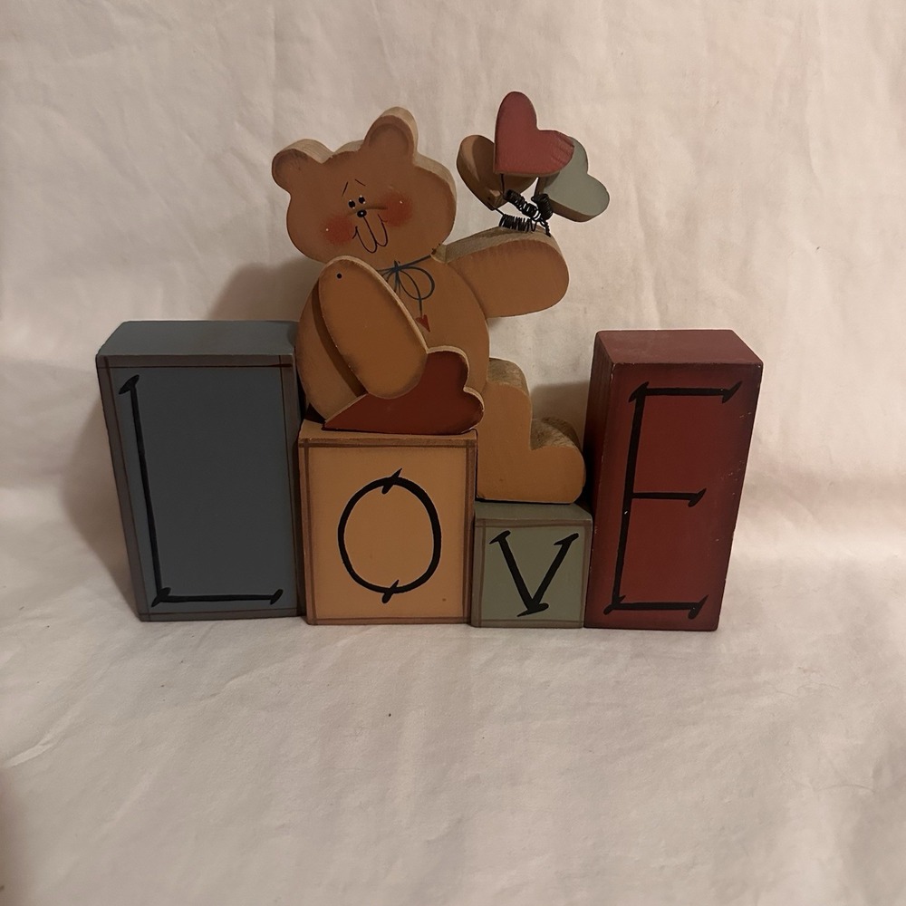 Primitive Wooden LOVE Blocks Bear Décor Country Folk Art Valentine
